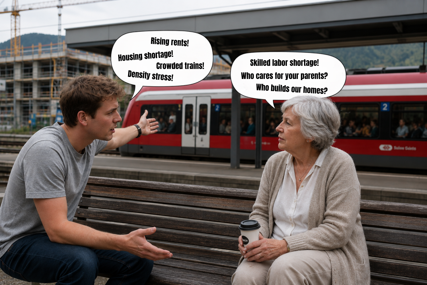A young man is talking to an elderly woman on a bench with a crowded train and a construction site in the background.